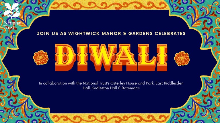 Against an illustrated background of blue and yellow illustrations is the text 'Join us as Wightwick Manor & Gardens celebrates Diwali'